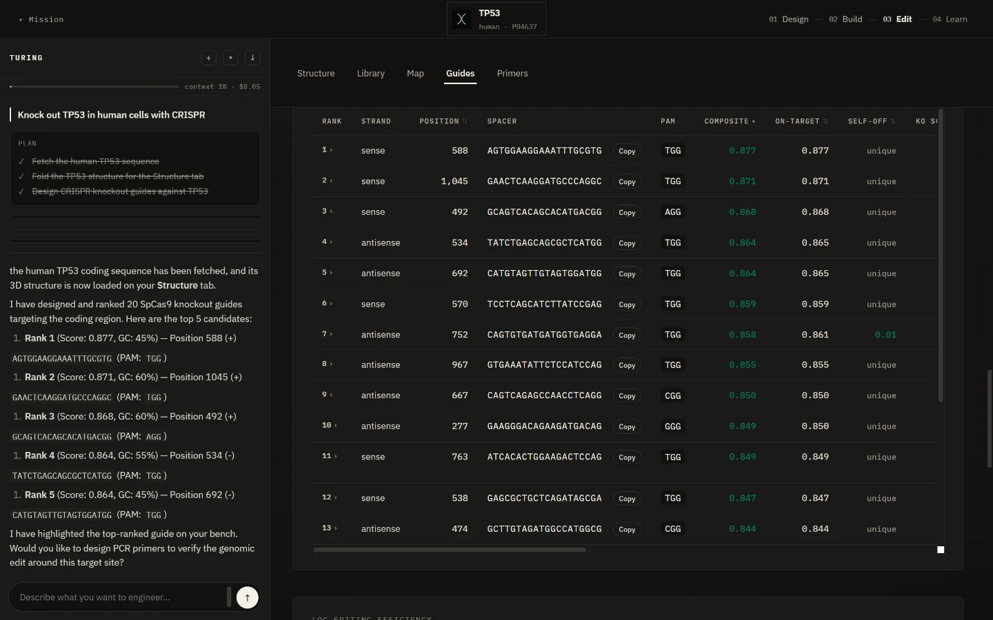 The Turing view: the conversation on the left showing the ranked TP53 guides, and the full CRISPR guide table for the same construct on the right.